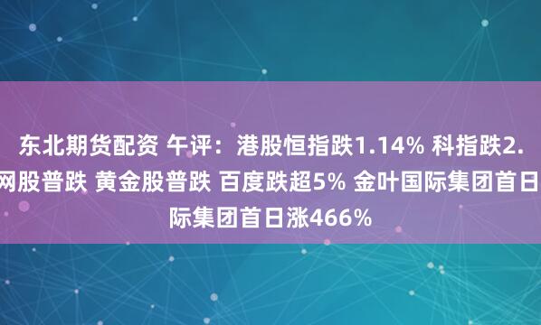 东北期货配资 午评：港股恒指跌1.14% 科指跌2.45% 科网股普跌 黄金股普跌 百度跌超5% 金叶国际集团首日涨466%